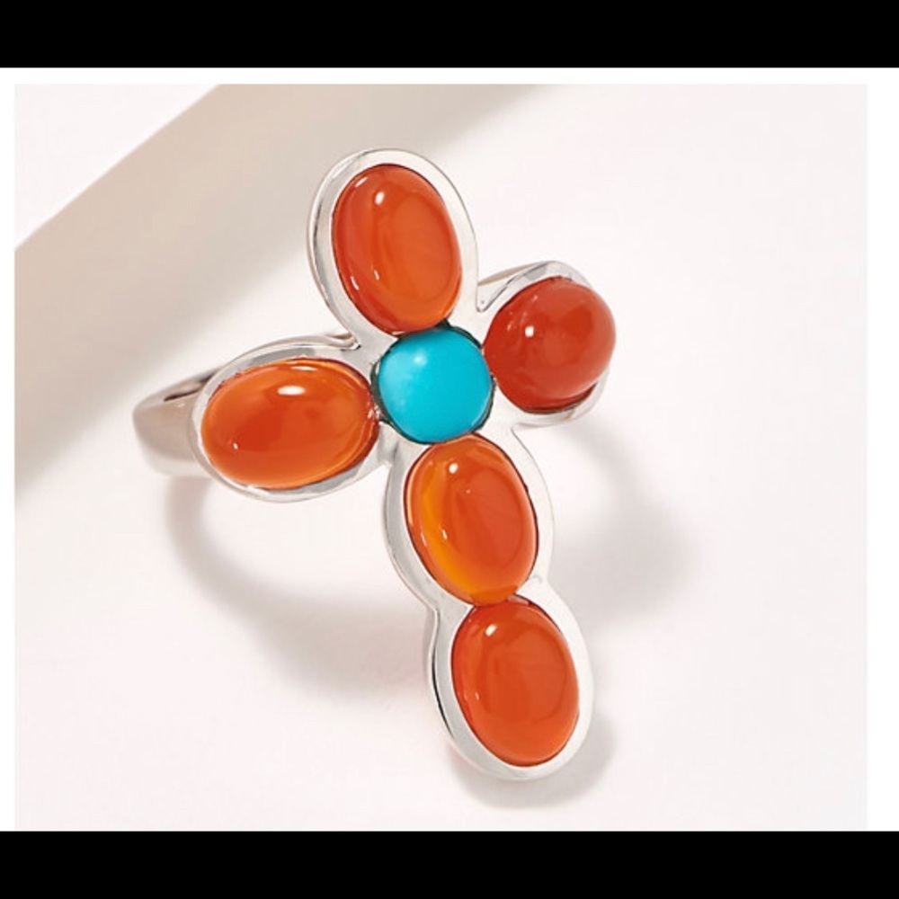 Sleeping Beauty Turquoise & Carnelian Cross Ring